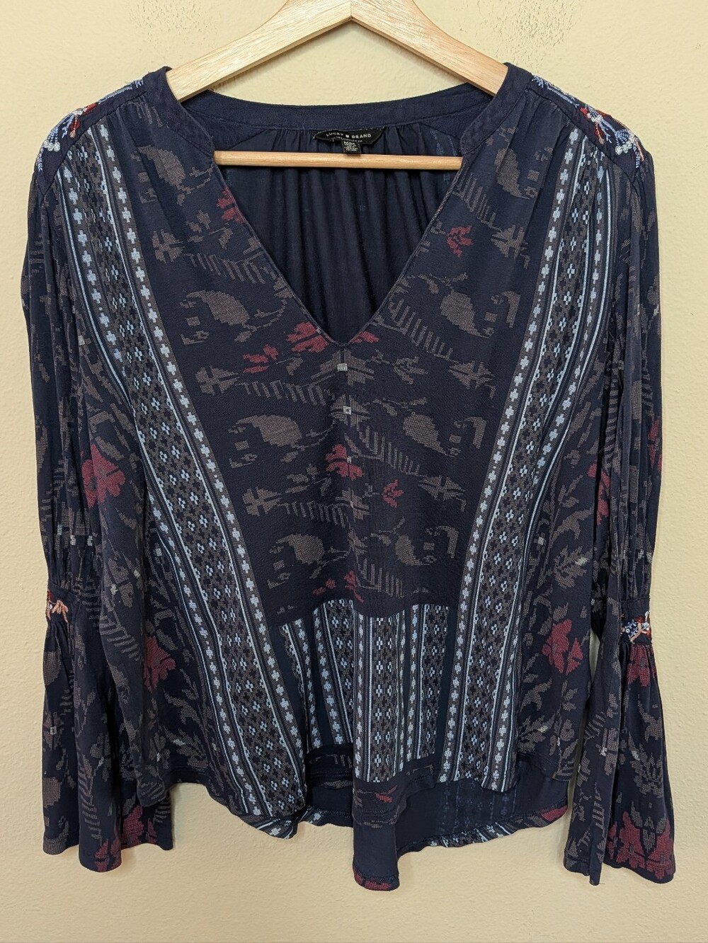 Lucky Brand‎ Navy Boho Print Embroidered Bell Sleeve Top M